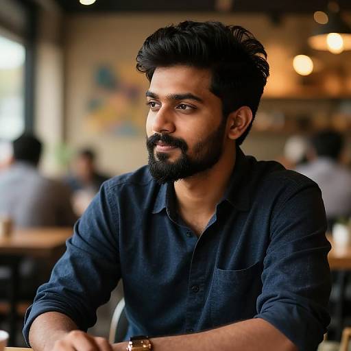 Photograph of a handsome, bearded Indian man with dark hair, wearing a navy blue button-up shirt, sitting in a warmly lit, rustic café
