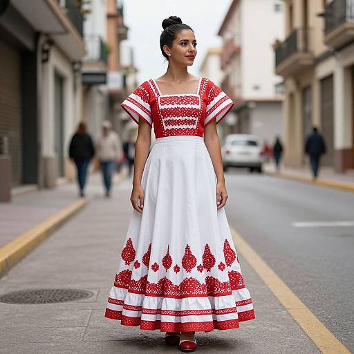 Photograph of a woman with dark hair in a bun, wearing a red and white embroidered Spanish-style dress, standing on a narrow urban street.