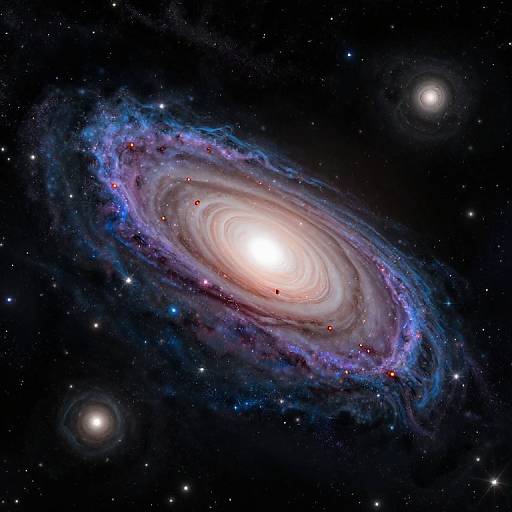 Photograph of a spiral galaxy with bright white core, surrounded by blue and purple nebulae, and two smaller glowing stars in dark, star-st