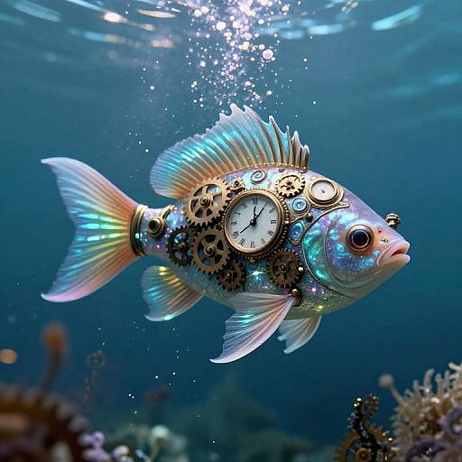 Photograph of a surreal, steampunk-style fish with gears, clock, and iridescent scales, swimming in a blue underwater ocean scene.