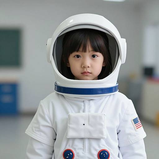 Photograph of an East Asian toddler with straight black hair wearing a white astronaut suit with an American flag patch, standing in a blurred classroom setting.