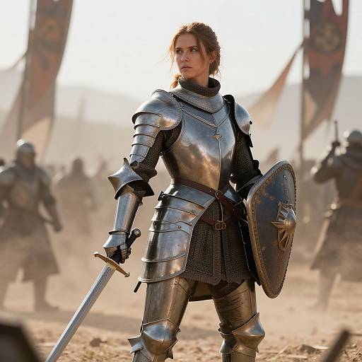 Photorealistic CGI of a determined woman in shining silver medieval armor, holding a sword and shield, leading a battlefield charge. Background: blurred, armored