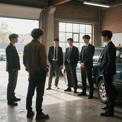 Group of Men Standing in Industrial Garage