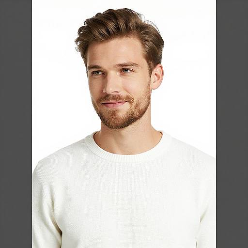 Photograph of a smiling Caucasian man with brown hair, beard, and white sweater, set against a plain white background.