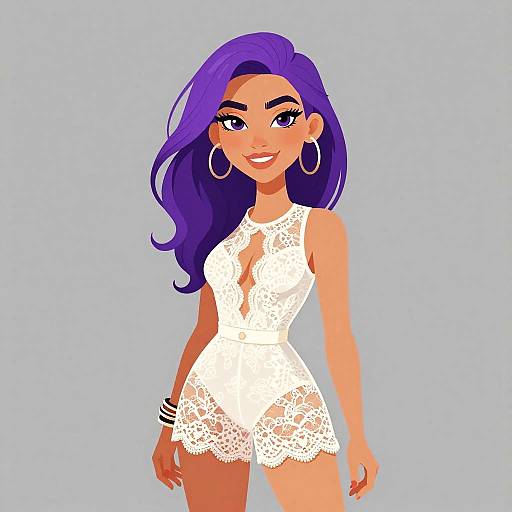 Digital illustration of a confident woman with vibrant purple hair, wearing a white lace dress, hoop earrings, and black bracelets, smiling against a light blue background