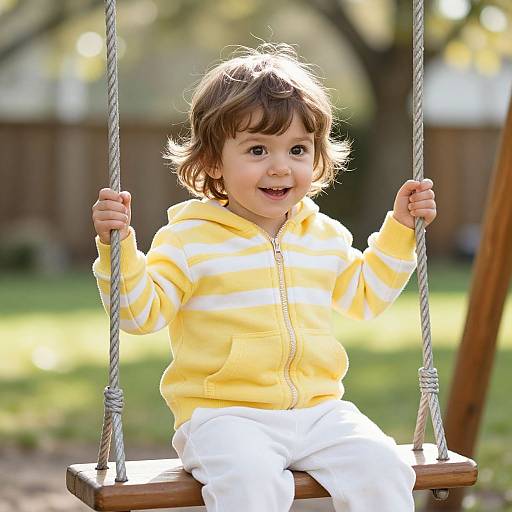 Photograph of a smiling, brown-haired toddler in a yellow and white striped hoodie, sitting on a wooden swing with twisted ropes, in a sunlit
