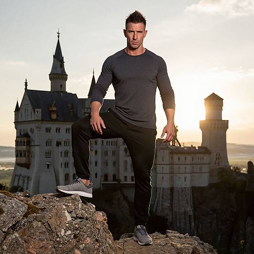 Fit Man Posing on Rocky Outcrop Near Gothic Castle at Sunset