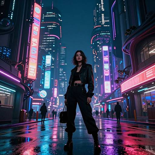 Neon-lit cyberpunk street at night, wet pavement reflecting colorful signs. Confident woman with dark curly hair, leather jacket, black pants,