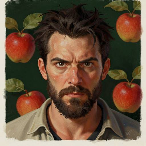 Digital painting of a bearded, serious-looking man with dark hair, wearing a beige shirt, against a dark green background with red apples and green leaves
