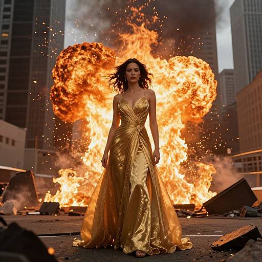 Photograph: Woman in gold, strapless, floor-length gown stands confidently in front of massive, fiery explosion in a city street. Debris scattered