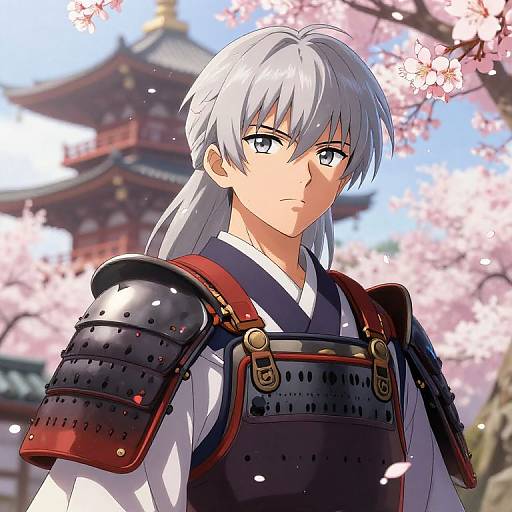 Anime-style digital drawing of a serious silver-haired samurai with blue eyes, wearing black armor, standing before blooming cherry blossoms and a traditional Japanese