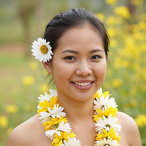Photograph of a smiling Asian woman with dark hair, wearing a daisy flower necklace, holding a daisy in her hair, against a blurred yellow