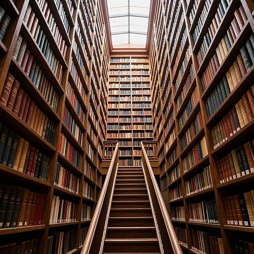 Photograph of a grand, wooden staircase ascending between towering bookshelves filled with colorful, tightly packed books in a sunlit library.