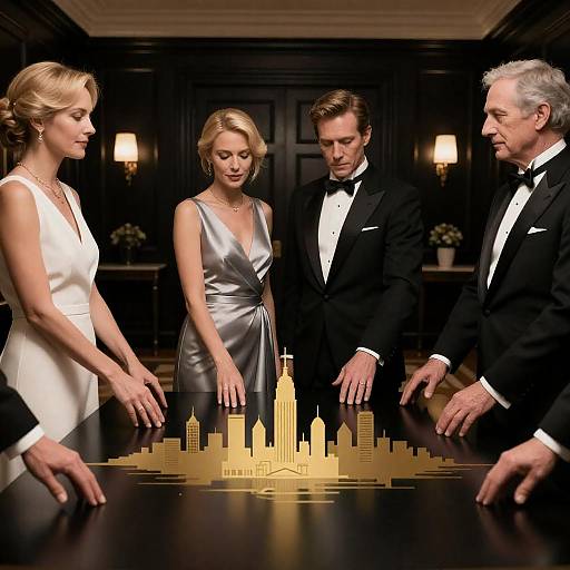 Elegant Group Around Table with Gold Cityscape