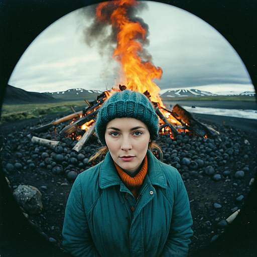 Woman in Warm Clothing by Midsummer Fire in Iceland