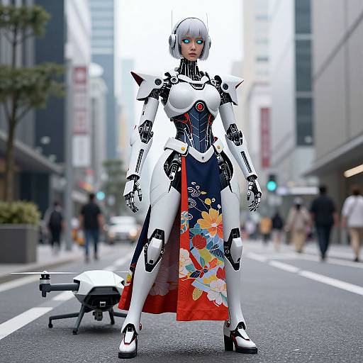 Futuristic Cyborg Woman on City Street
