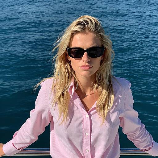 Blonde Woman Against Blue Water Background