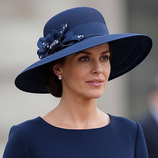 Photograph of a woman with fair skin, dark hair in an updo, wearing a navy blue wide-brimmed hat adorned with sequins,