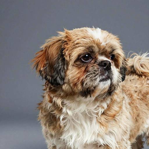 Photograph of a fluffy, brown and white Shih Tzu puppy with dark eyes, standing against a plain gray background, looking slightly to the side