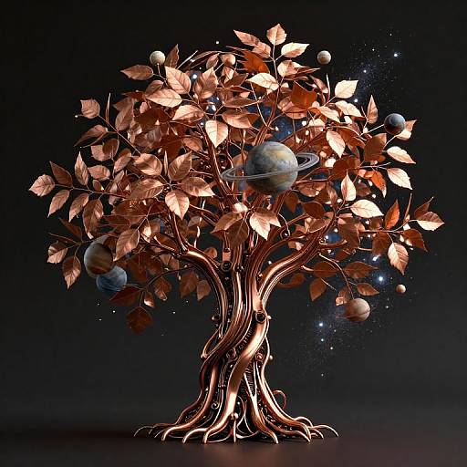 Digital artwork of a cosmic tree with glowing brown leaves, planets, and star-like particles against a dark background.