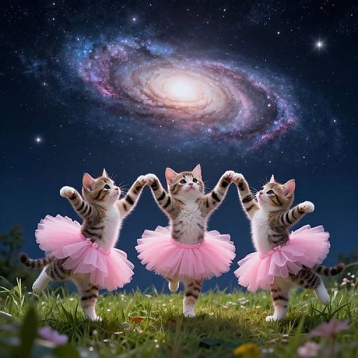 Photograph of three cute, striped kittens in pink tutus holding hands under a starry night sky with a glowing spiral galaxy.