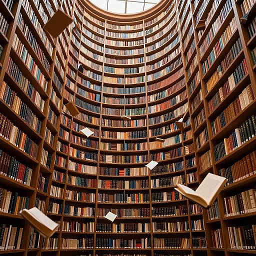 Photograph of a grand, circular library with towering wooden bookshelves filled with colorful books, illuminated by overhead lights, and several floating books in mid