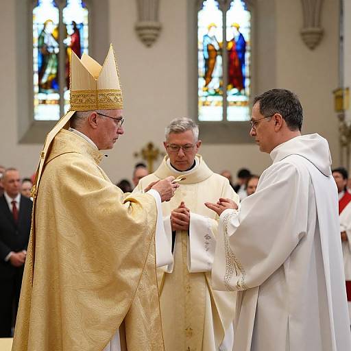 Photograph of three Catholic priests in ornate golden and white vestments, standing in a brightly lit church with stained glass windows, engaged in a solemn
