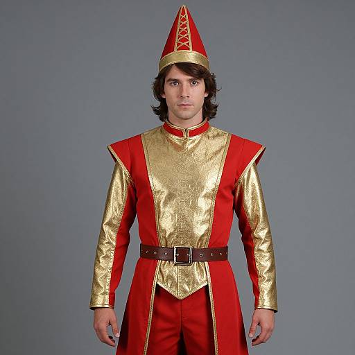 Photograph of a man with medium-length black hair, wearing a red and gold medieval-style costume with a pointy hat, gold metallic shirt, red