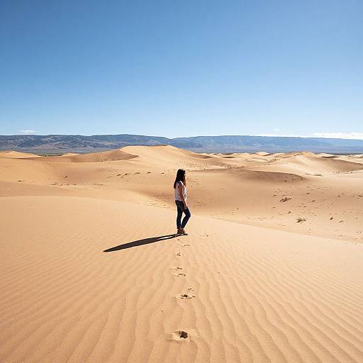 Photograph of a lone woman with long dark hair in a white top and black pants walking in a vast, sunlit desert with rippled sand and