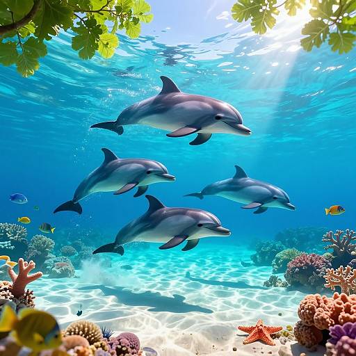 Photograph of three dolphins swimming underwater, surrounded by colorful coral reefs and vibrant marine life, bathed in sunlight filtering through the water.