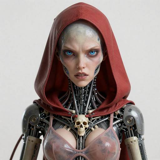 Red Hooded Biomechanical Alien Female Portrait