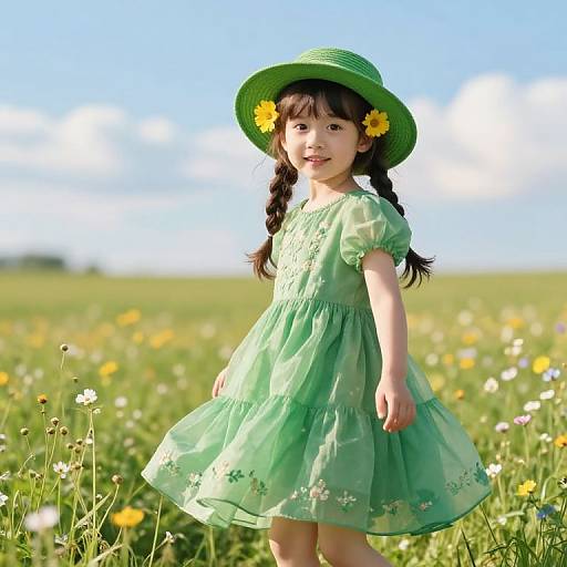 Photograph of a young Asian girl with braided hair, wearing a green dress and hat with yellow flowers, standing in a sunny meadow filled with