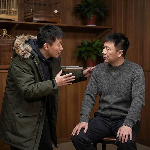 Two Men Conversing in Wooden Room