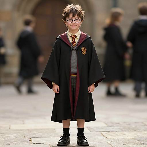 Photograph of a young boy with glasses, brown hair, wearing a black Hogwarts robe, maroon lining, gray vest, orange tie, and black