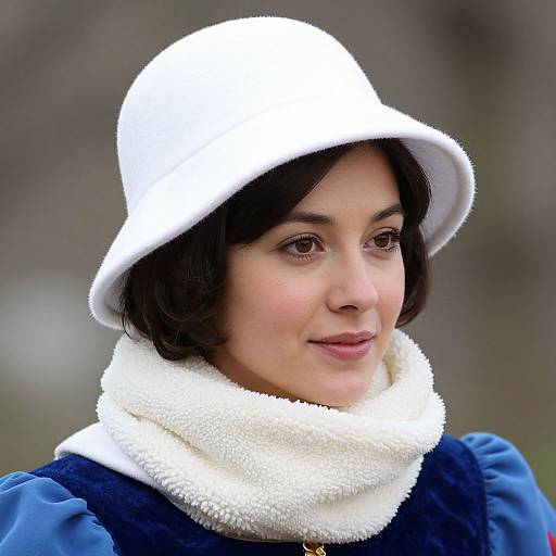 Photograph of a smiling woman with fair skin, short black hair, wearing a white wool hat, matching scarf, and blue velvet dress. Blurred