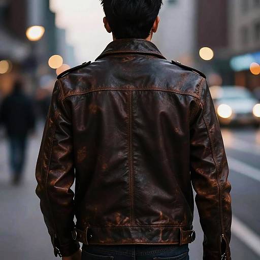Photograph of a man in a brown leather jacket, seen from behind, standing on a blurred city street with out-of-focus car headlights and streetlights