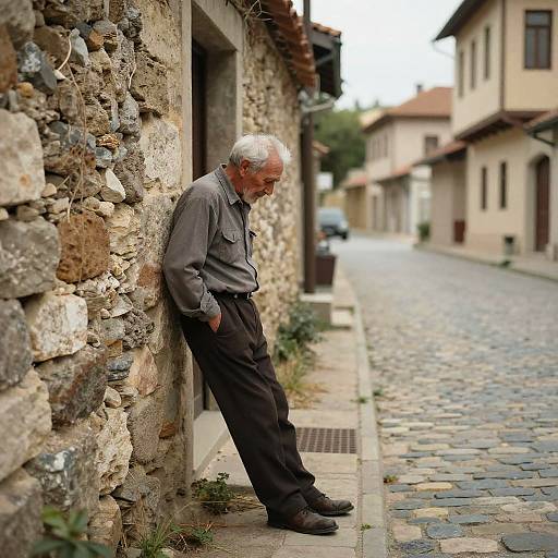 Photograph of an elderly man with white hair, gray shirt, and black pants, leaning against a stone wall on a cobblestone street in a
