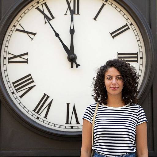 Photograph of a curly-haired woman with medium brown skin wearing a black-and-white striped shirt, standing in front of a large, black clock with Roman