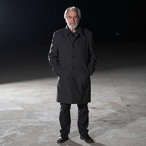 Older man in dark coat standing on concrete