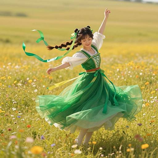 Photograph of a joyful young woman with braided hair, wearing a green traditional dress, dancing in a sunlit, colorful meadow.