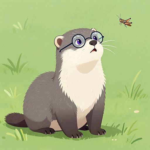 Digital illustration of a cute, gray and white otter with round blue glasses, sitting on green grass, looking up at a small orange and black butterfly