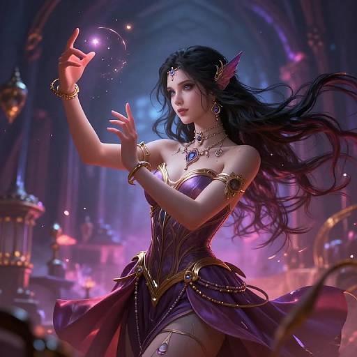 Digital fantasy artwork of a beautiful, dark-haired elven woman in a purple, gold-accented dress, casting a magical spell in a glowing,