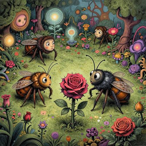 Whimsical digital illustration of three cute, bug-eyed bees with large wings, gazing at a red rose in a vibrant, magical forest garden filled