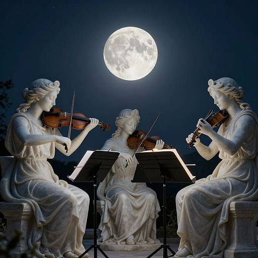 Marble Statues Playing Violins Under Full Moon