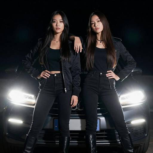 Dynamic Duo Amidst Dazzling Headlights