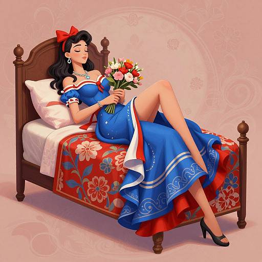 Digital illustration of a woman with black hair, red bow, blue dress, holding red and white flowers, lounging on a floral-patterned bed.