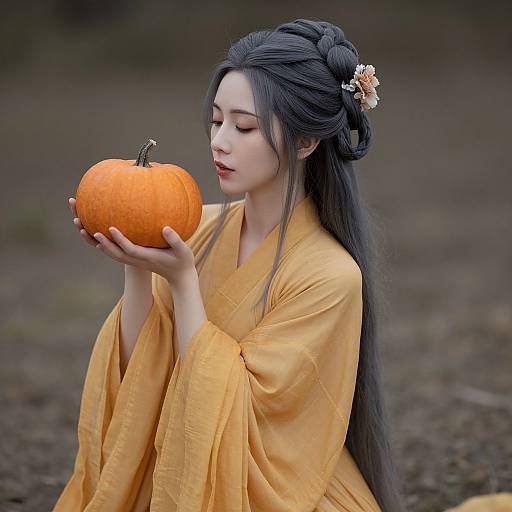 Photograph of an East Asian woman with long black hair in a yellow kimono, gently holding an orange pumpkin, outdoors. Background is blurred, autumn