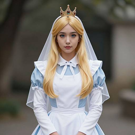 Photograph of a young woman with long blonde hair, blue eyes, wearing a gold crown, white and blue maid dress, and veil, standing outdoors