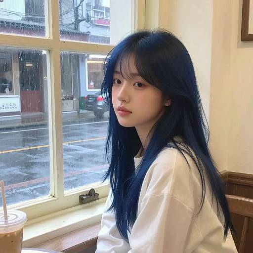 Photograph of an Asian woman with long black hair, wearing a white shirt, sitting by a rain-streaked window in a café.