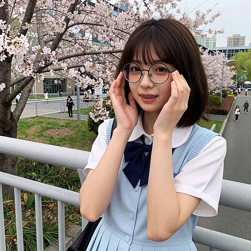 Photograph of an Asian woman with short black hair, wearing glasses, a white blouse with a blue bow, standing by a cherry blossom tree, adjusting